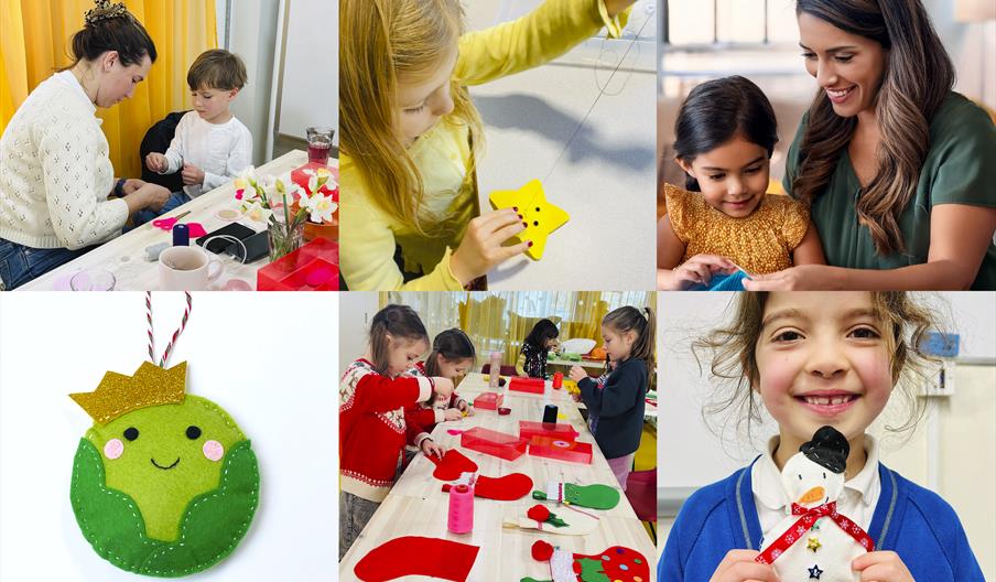 Parents and children sewing Christmas decorations together