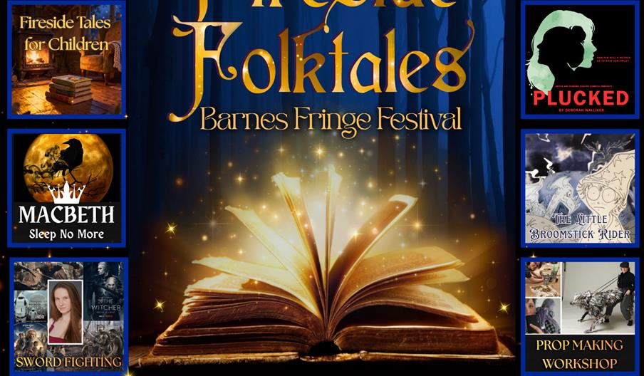 Poster for the Fireside Folktales Barnes Fringe Festival showing an open glowing book surrounded by event images, promoting performances and workshops