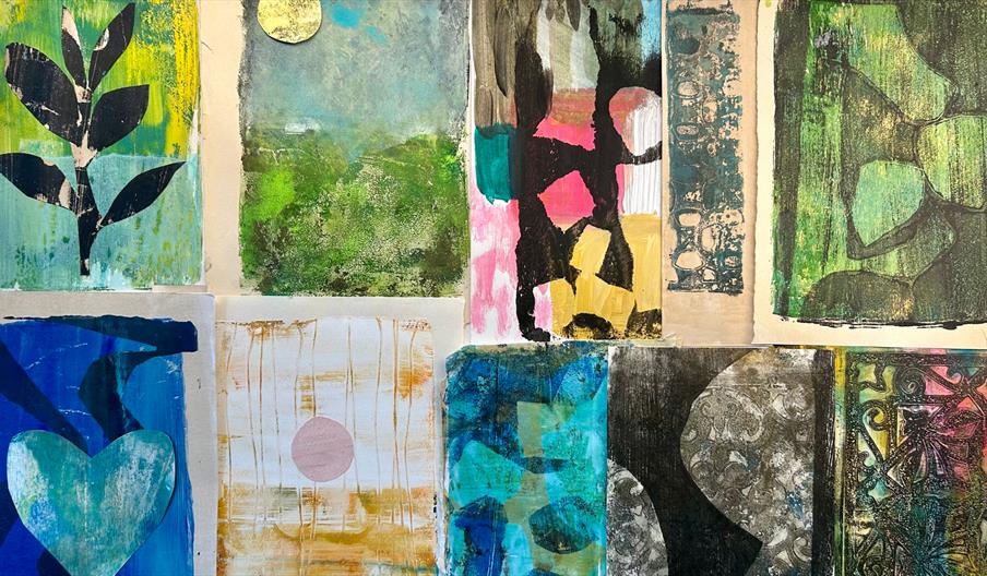 A collage of various printed paintings.