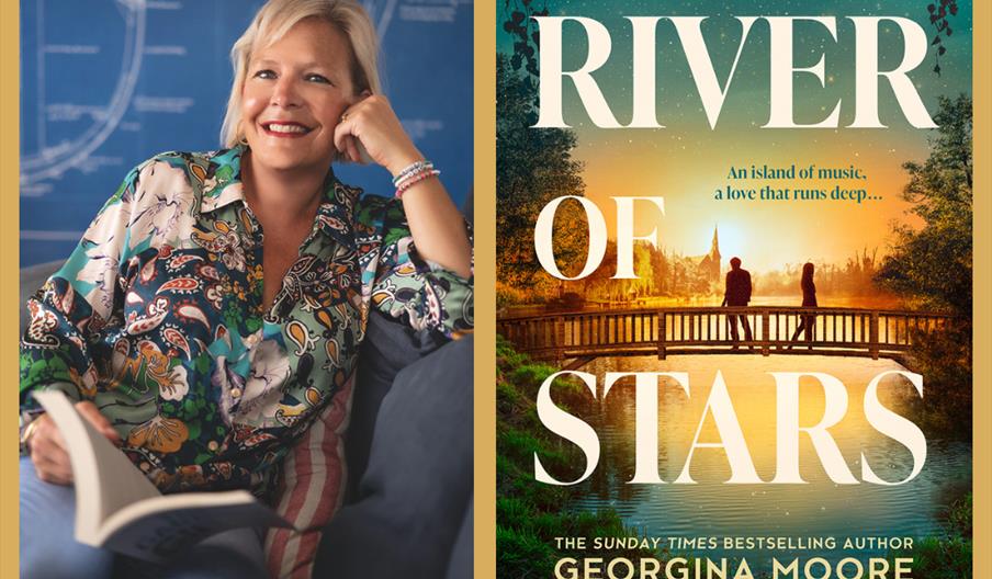 A photo of the author and the book cover of The River of Stars by Georgina Moore  with the caption "An evening with Georgina Moore " . Below on the ri