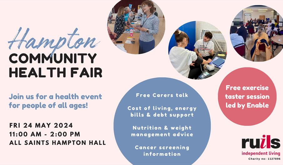 Graphic with a light pink back ground that says "Hampton Community Health Fair" Friday 24 May 2024 11:00 AM to 2:00 PM at All Saints Hall Hampton.