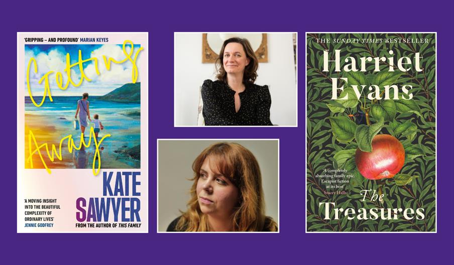 "Two photographs of authors are shown above their respective book covers, set against a purple background. On the left is 'Getting Away' by Kate Sawye