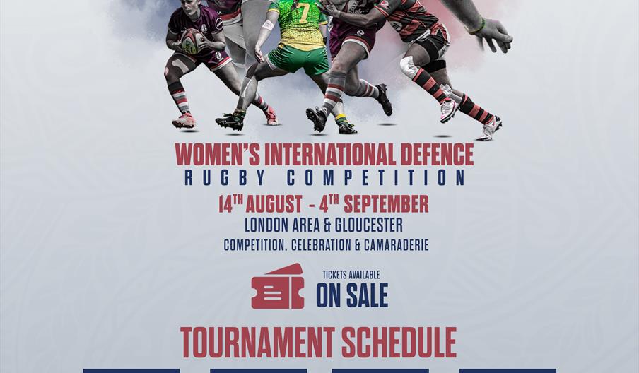 A picture of a women playing rugby. There is a series of fixtures listed at the bottom.