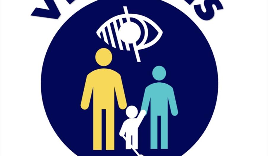 Vis-à-vis logo Visually Impaired symbol above a family consisting of 2 adults with a child in between them that is holding a long cane