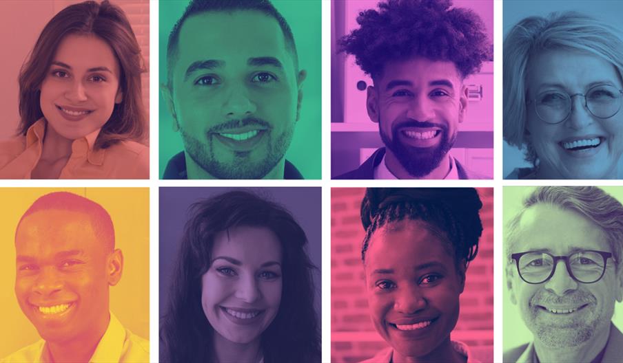 Eight brightly coloured squares with eight head shots of a diverse range of people