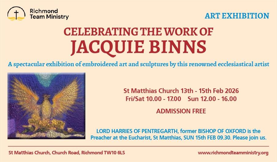 Poster advertising "Celebrating the Work of Jacquie Binns" exhibition at St Matthias Church, Richmond
