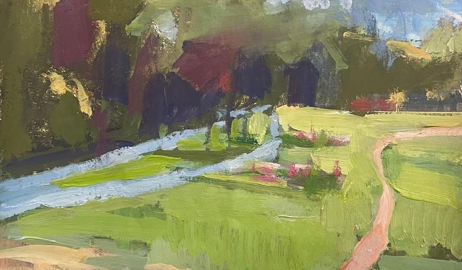 A painting by local artist Katie James depicting Beverley Brook on Barnes Green