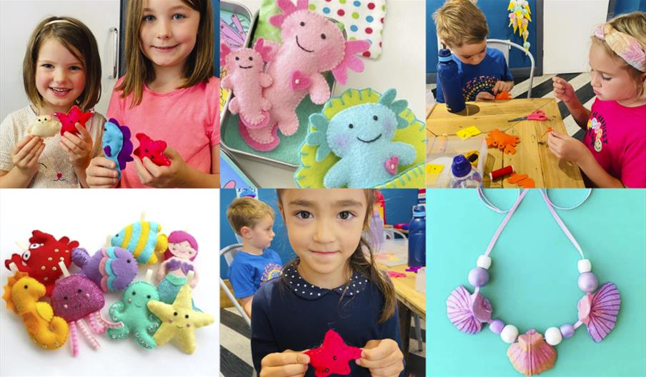 Children sewing cute sea creatures