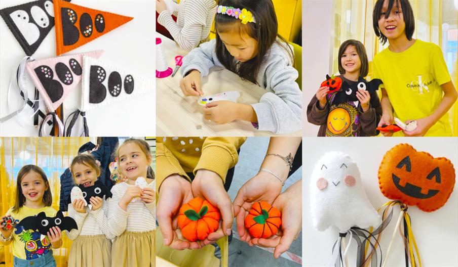 A colorful collage showcasing fun Halloween crafts for kids, featuring pumpkins, ghosts, and spooky decorations.