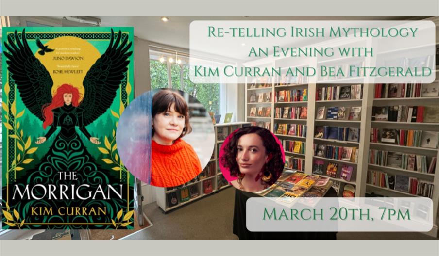 Picture of The Morrigan book cover and the guest speakers Kate Curran (author of The Morrigan) and Bea Fitzgerald (interviewer)