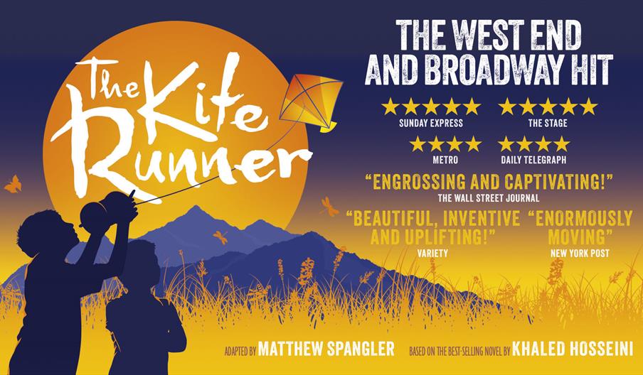 Poster for The Kite Runner. The silhouettes of two children stand against a landscape of gold long grass and blue mountains; a golden sun sets behind