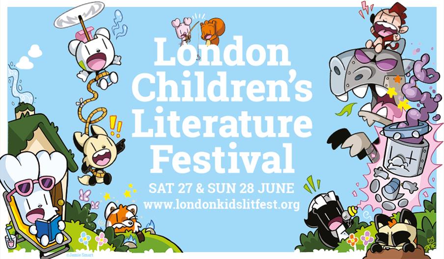 2026 London Children's Literature Festival logo featuring characters from Bunny VS Monkey by Jamie Smart