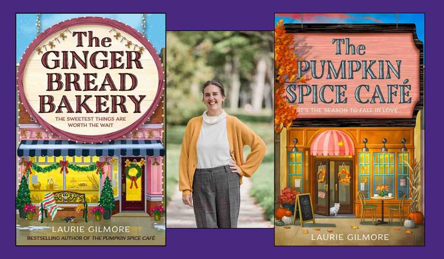 "Author Laurie Gilmore stands outdoors  flanked by her book covers: 'The Ginger Bread Bakery' on the left and 'The Pumpkin Spice Café' on the right."