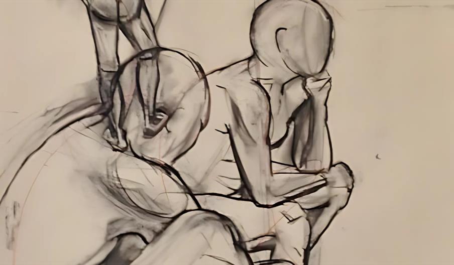 Sketch of two figures overlapping, cropped image that displays finer detailing of the sketching