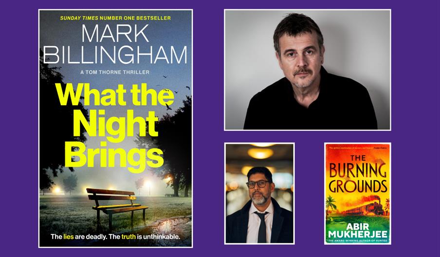 "Collage on a purple background featuring two book covers and two author photos. On the left is 'What the Night Brings' by Mark Billingham, and on the