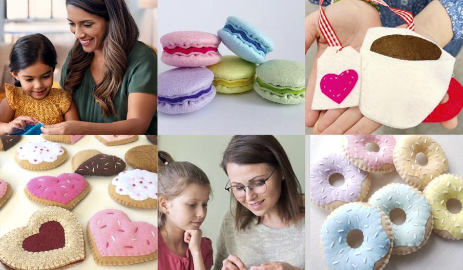 mother and child sewing cute cakes and biscuits together