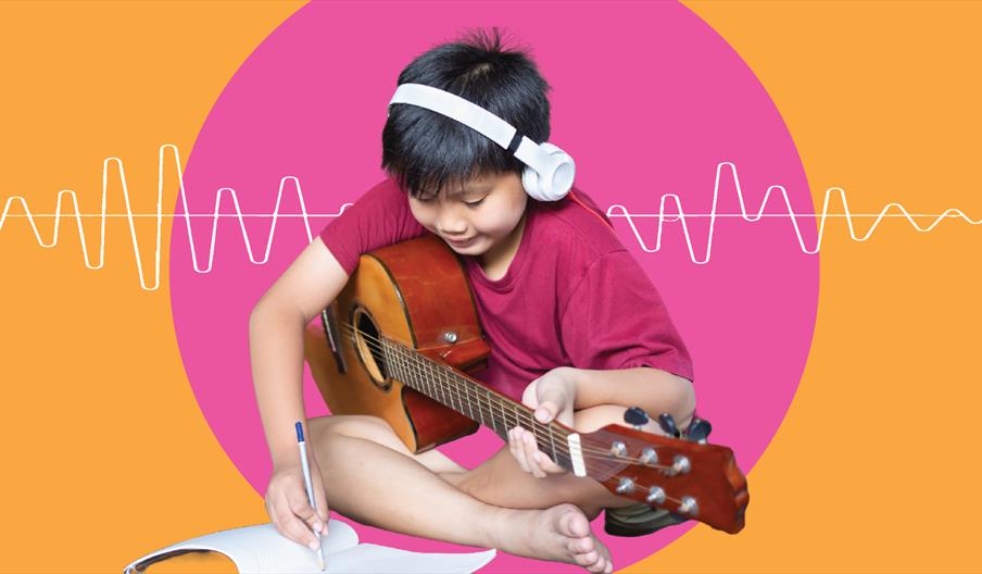 An child playing an electric guitar in an image that has been edited to incorporate digital soundwaves and an orange and pink backdrop