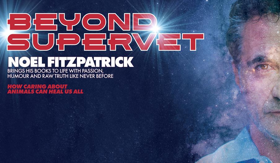 Poster for Noel Fitzpatrick; a background of the night sky with the show's title. To the right, half of Noel's face is visible as he looks to the came