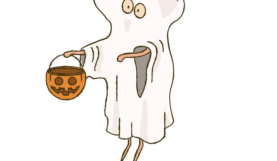 Cartoon image of a mouse in a ghost costume