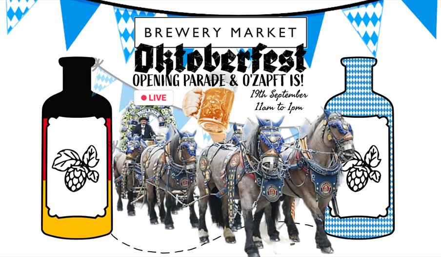 A BLUE AND WHITE HORSE AND CART FROM OKTOBERFEST UNDER TXT THAT SAYS OKTIBERFEST