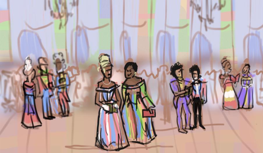 Illustrated ballroom scene with multiple figures in colourful, flowing Regency-style outfits standing in pairs and small groups. In the foreground, tw