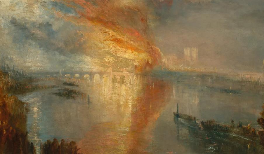 A watercolor painting by JMW Turner of the Fire of London, illustrated from a distant location near the Thames