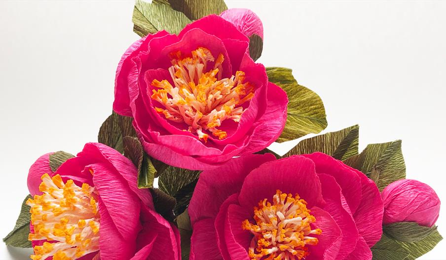 Three vibrant pink flowers crafted out of crepe paper assembled in a mini-bouquet in front of a studio backdrop
