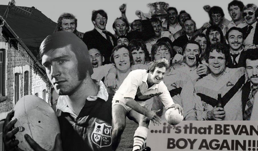 Poster image of John Bevan playing in both Wales and Warrington against a back drop of houses and people.
