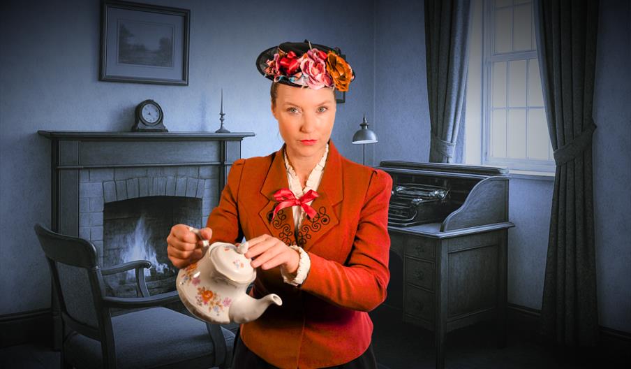 Brightly coloured Mary Poppins looks mischievous while pouring a teapot in PL Travers' gloomy study which is shrouded in mystery