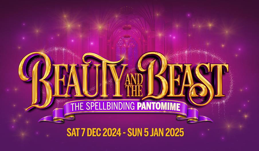 Artwork for "Beauty and the Beast: The Spellbinding Pantomime". The purple and gold logo is against a sparkling purple background where a castle hallw