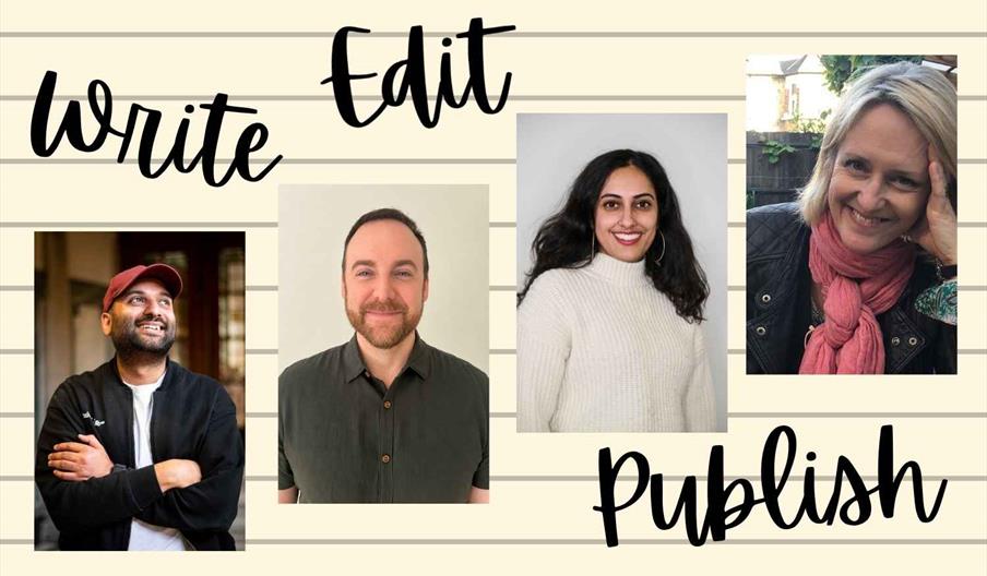 Promotional poster for a publishing panel event. The background resembles lined notebook paper with the words "Write", "Edit" and "Publish" in large b