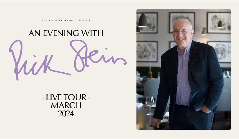 Artwork for 'An Evening with Rick Stein'. Rick stands in his restaurant, leaning slightly against the table to the left