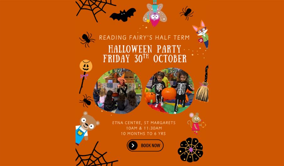 Orange poster with details of the event and two images showing kids dressed up in Halloween costumes.