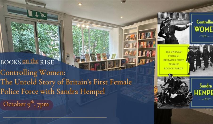 Picture of Controlling Women book cover, books on the rise in background with date of talk Oct 9th