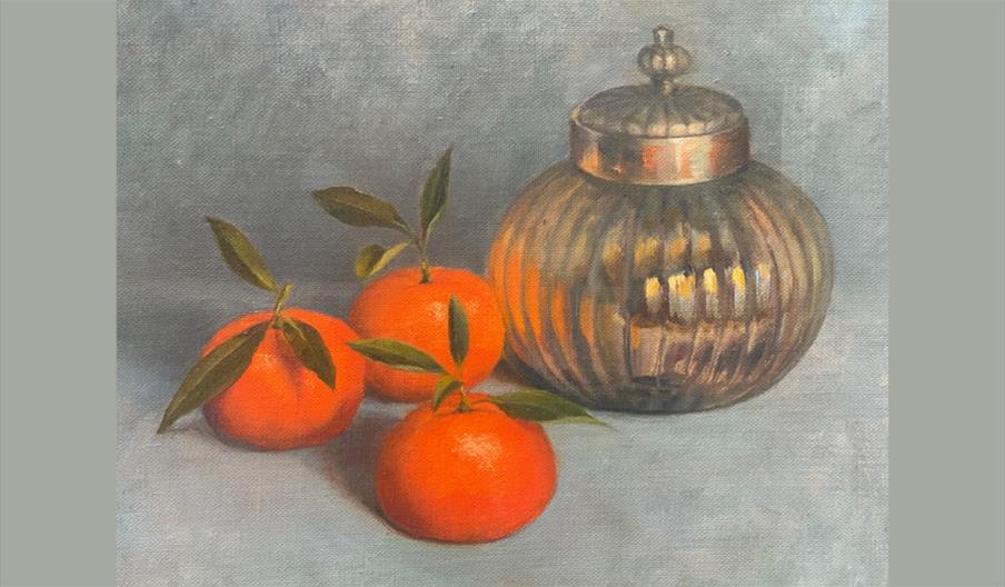 Alison Cracknell - Heron - watercolour.  Harry Armfield - Self Portrait - Acrylics.  Gill Haynes - Winter Clementines & Glass Jar - Oils