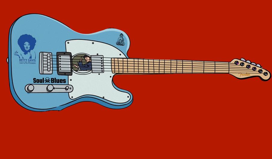 cartoon blue electric guitar on a red background