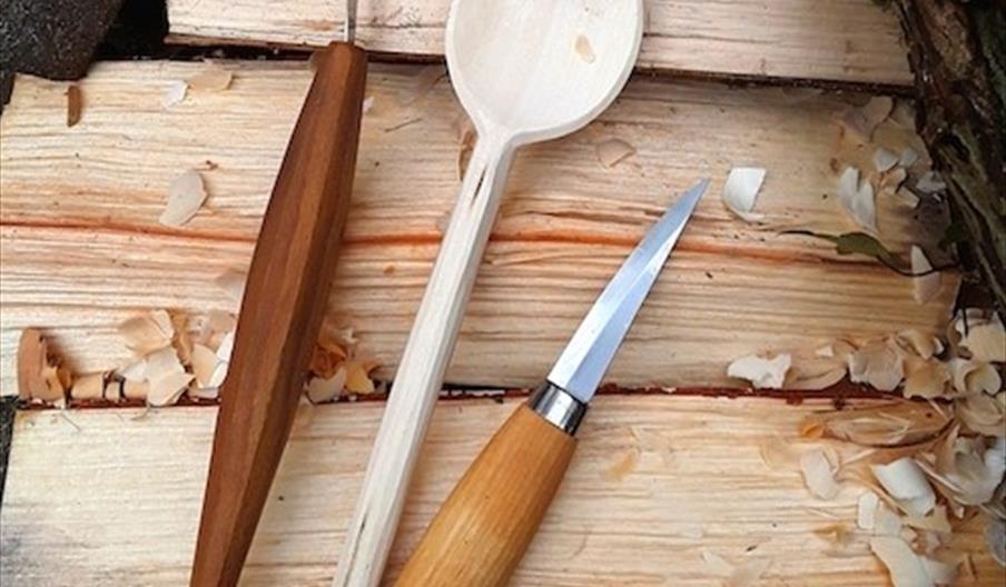 Carved spoon and tools