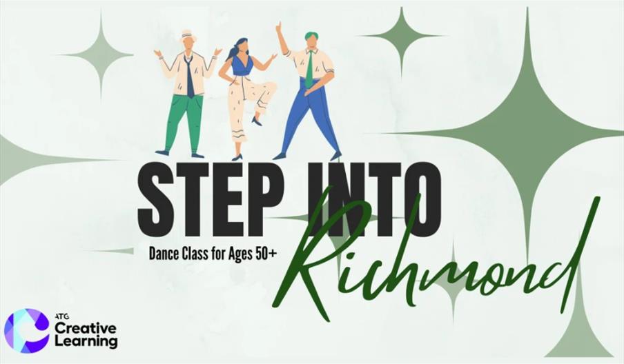 Image is green background with green white stars. Text reads: Step into Richmond. There are three figures dancing. The Creative Learning logo is locat