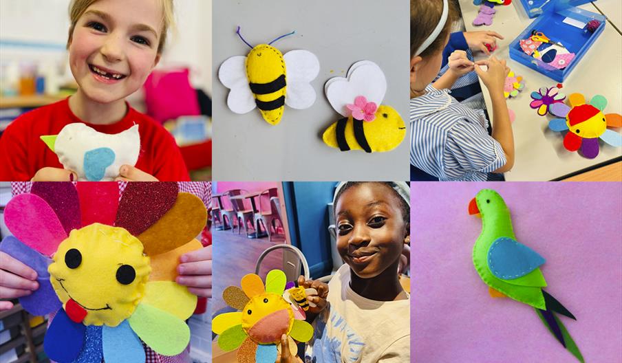 Children sewing cute flowers, birds and butterflies