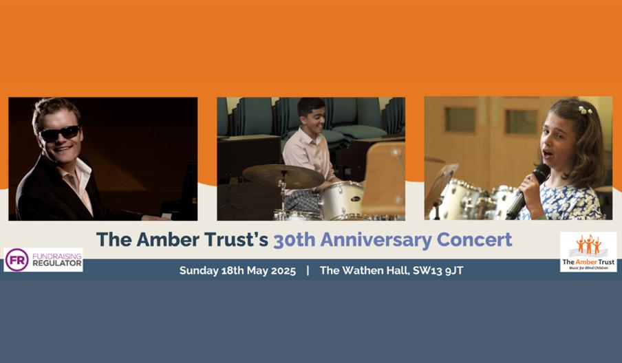 A banner for The Amber Trust's 30th Anniversary Concert, featuring a photo of Derek Paravicini, teenage Nikhil playing the drums, and young Lily singi