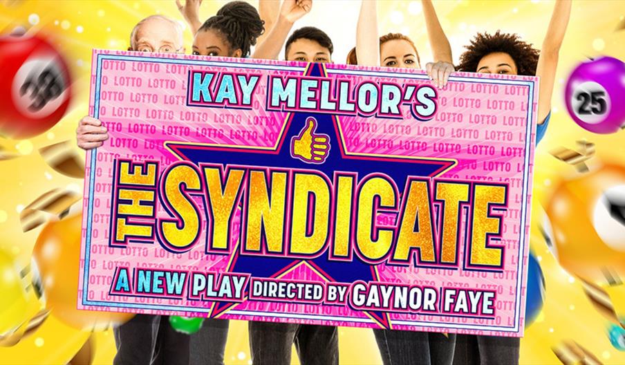 Poster for The Syndicate. Five people peer over a large pink lottery ticket, with their arms raised in delight while two of them hold onto the ticket.
