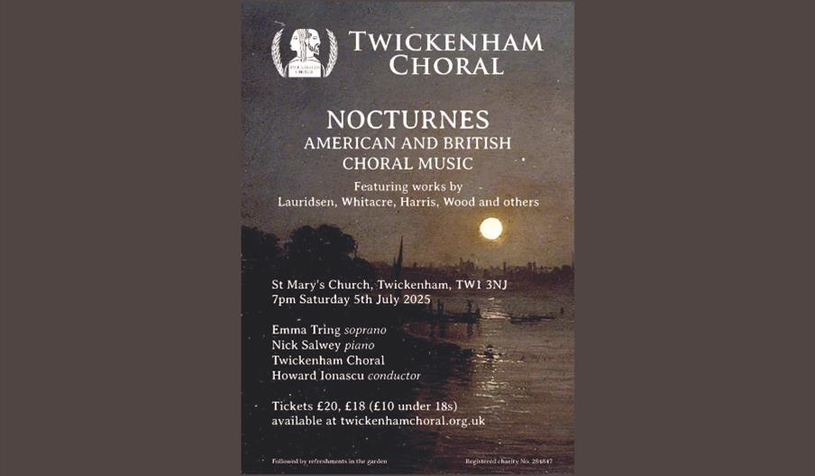 Details of concert on a flyer with background of the Thames with moonlight (JMWTurner)depicting a summer's evening