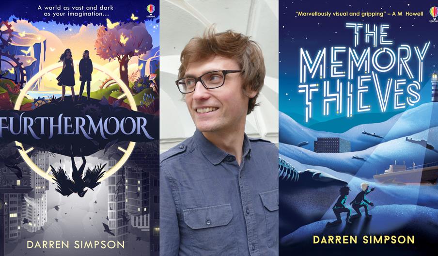 Book covers for 'Furthemoor' and 'The Memory Thieves' with author photo of Darren Simpson