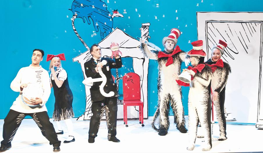 A snowy scene from the Cat in The Hat play for children with a blue backdrop