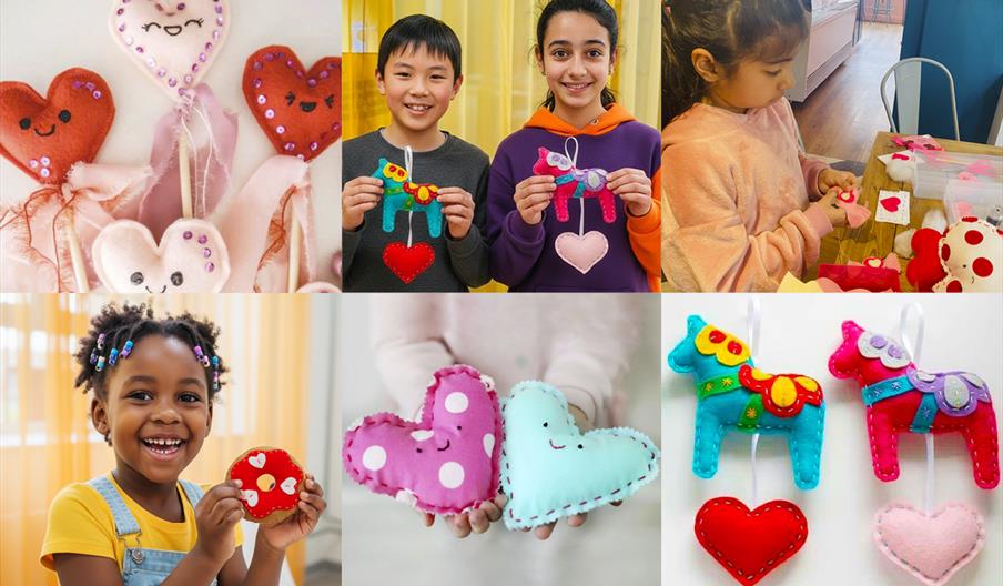 children smiling holding hand-sewn valentines and lunar new year projects