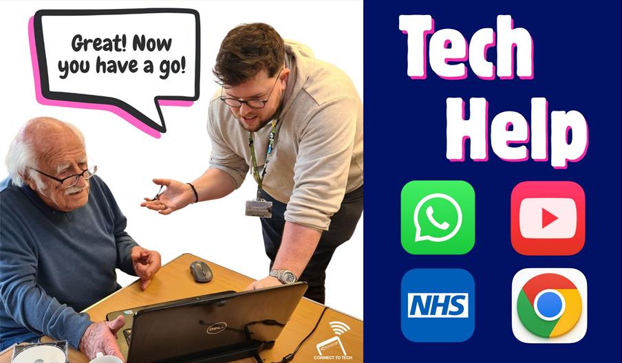 Picture in 2 halves. On left a standing digital trainer supports an older gentleman with glasses who is using a laptop. A speech bubble above them say