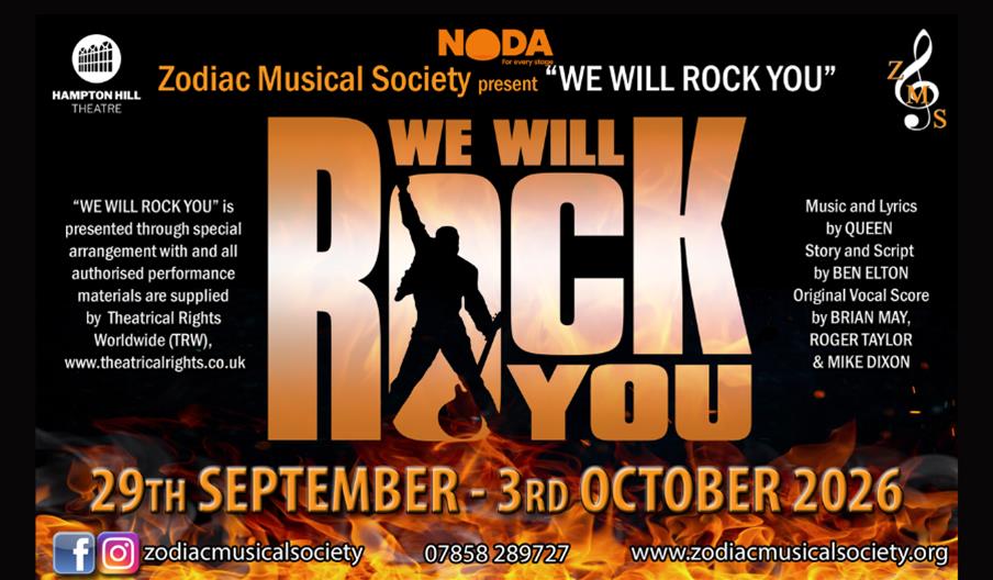 Poster for "We Will Rock You" musical performed by Zodiac Musical Society