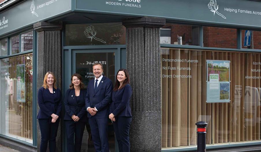 White Rose Modern Funerals Exterior with Team Smiling Outside