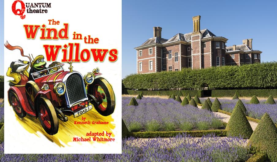 Ham House viewed from the Cherry Garden with poster showing The Wind in the Willows characters in a car