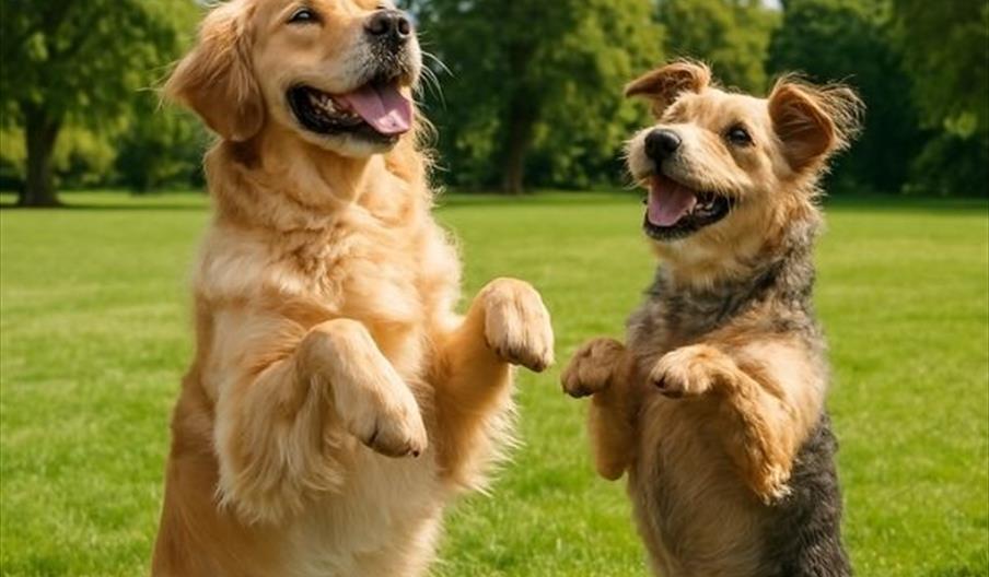 Two dogs on grass with paws up
